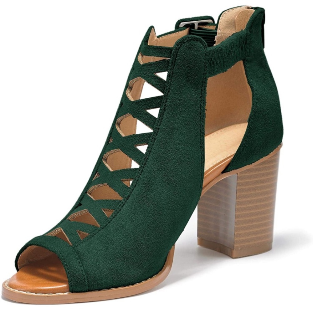Ankle Strap Chunky Heels Vegan Suede Dark Green - Picture 4 of 7